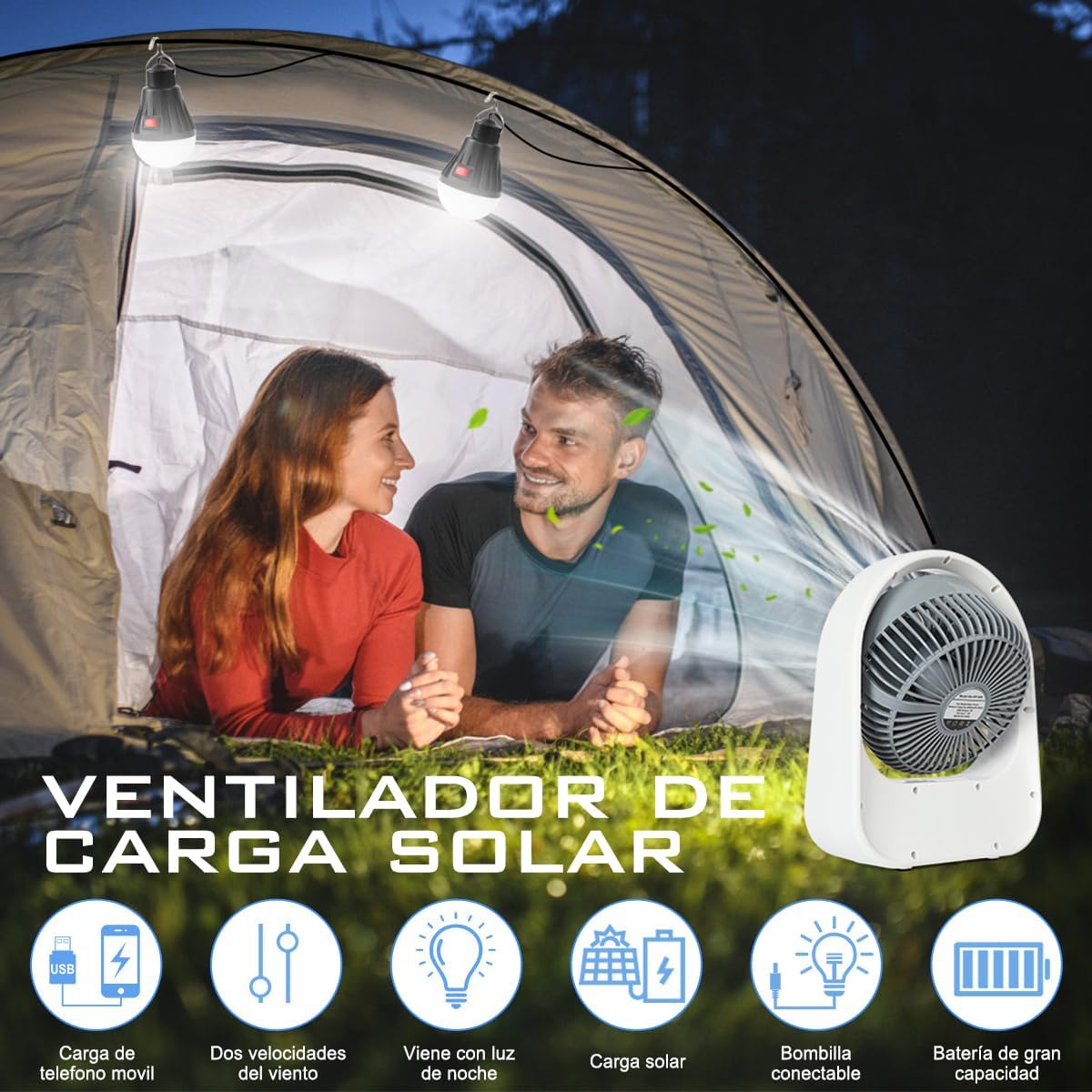Ventilator Solar Portabil 3-în-1 cu 2 Becuri LED și Funcție Powerbank – Ideal pentru Camping și Situații de Urgență