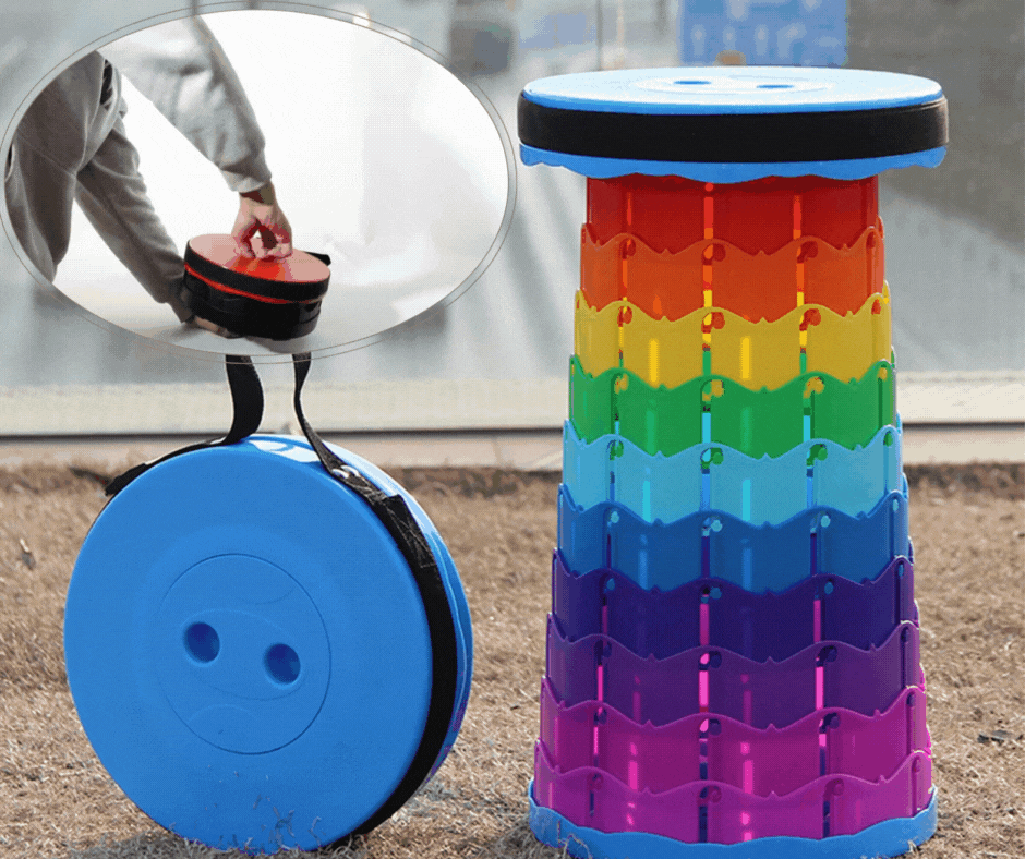 Scaun portabil rotund, retractabil, extensibil cu pliere telescopica
