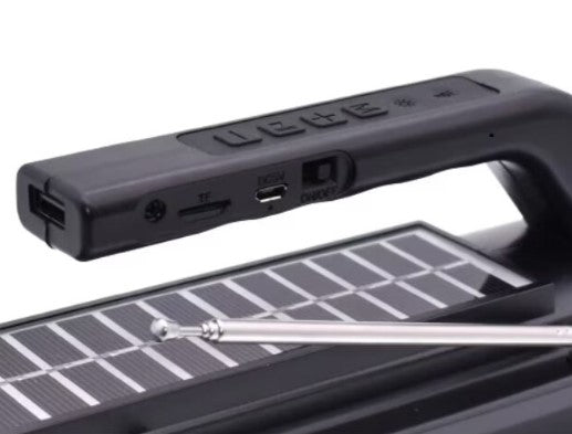 Boxa portabila multifunctionala, Lanterna COB + lanterna laterala, Alimantare solara, reincarcabila, Bluetooth, Radio, Port USB, Cititor card, Suport de telefon incorporat