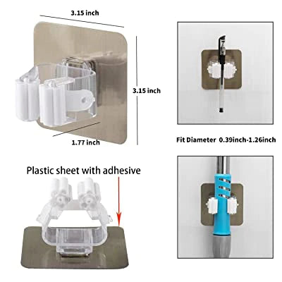 Set 2 bucati suport de perete pentru mop + 4 carlige autoadezive
