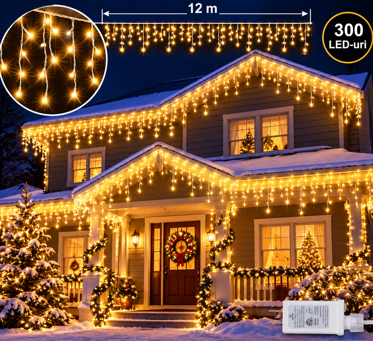Instalatie franjuri 300 LED, 12 Metri lungime, Multicolor / Alb Cald / Alb Rece