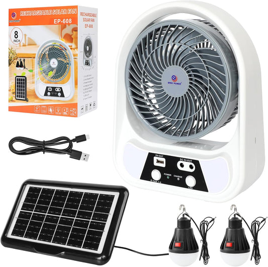 Ventilator Solar Portabil 3-în-1 cu 2 Becuri LED și Funcție Powerbank – Ideal pentru Camping și Situații de Urgență
