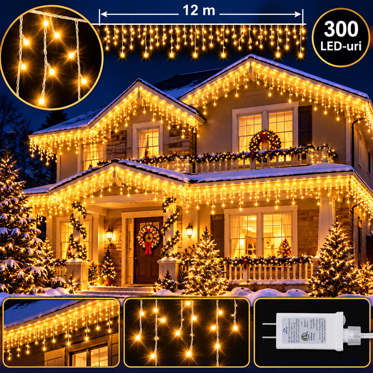 Instalatie franjuri 300 LED, 12 Metri lungime, Multicolor / Alb Cald / Alb Rece