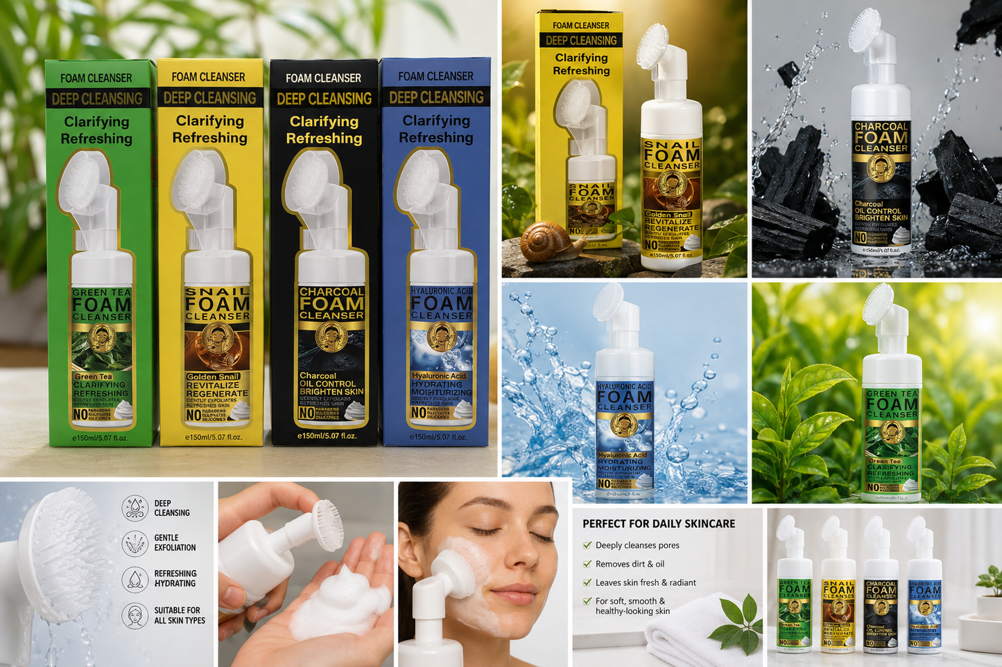 Set Spuma de Curatare pentru Fata cu Perie din Silicon Integrata – Curatare Profunda, Exfoliere Delicata, 150 ml