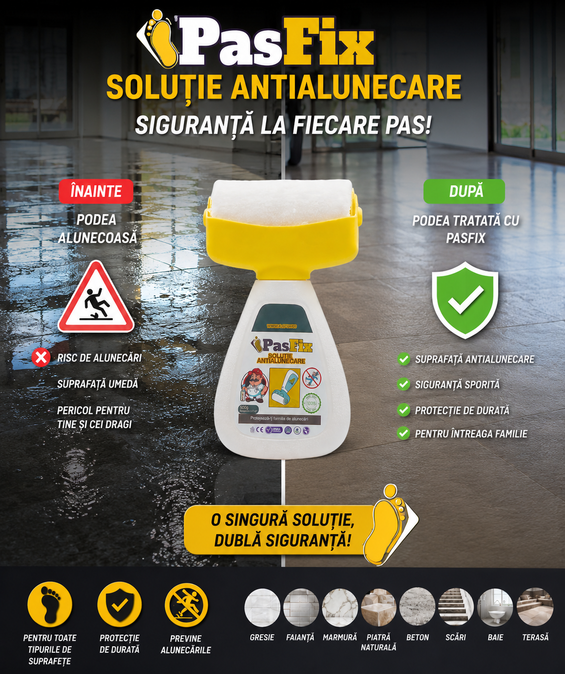 Soluție Antialunecare PasFix 300ml – Protecție sigură pentru gresie, piatră și marmură cu rolă aplicatoare
