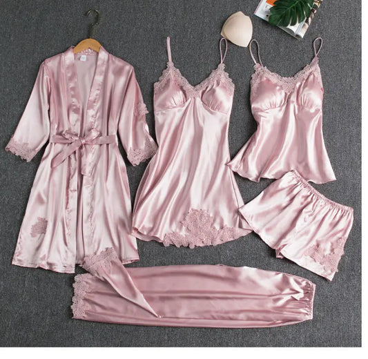 Set pijama dama din 5 piese , satin + dantela