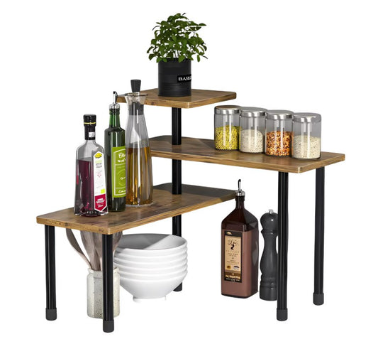 Suport organizator cu 3 nivele, lemn, Maro/Negru, rotativ, 66 x 17.5 x 38 cm