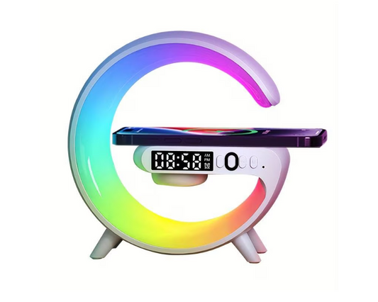 Lampa Smart LED culori RGB, boxa Bluetooth, Aux, incarcare Wireless, ceas cu alarma
