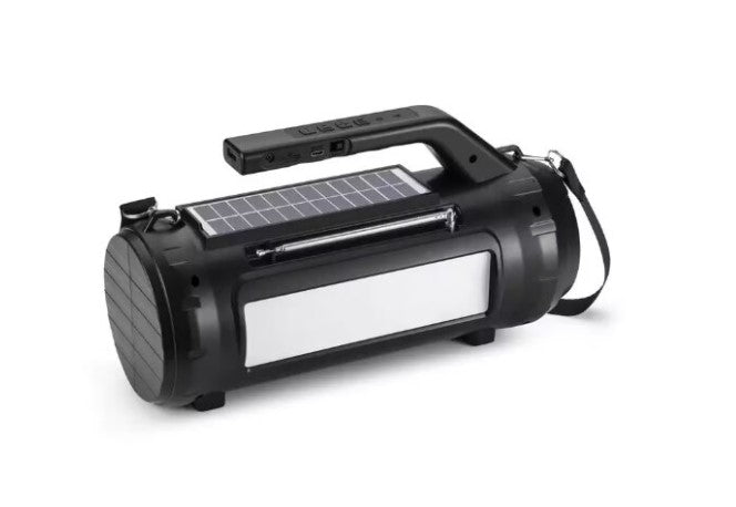 Boxa portabila multifunctionala, Lanterna COB + lanterna laterala, Alimantare solara, reincarcabila, Bluetooth, Radio, Port USB, Cititor card, Suport de telefon incorporat
