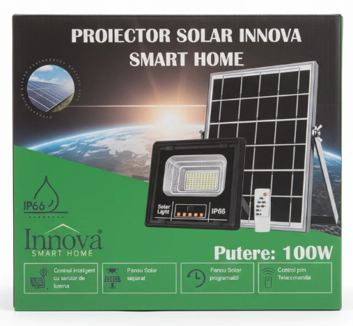 Proiector Solar Innova 100W , IP66 , Indicator Batarie , Telecomanda , 6500k