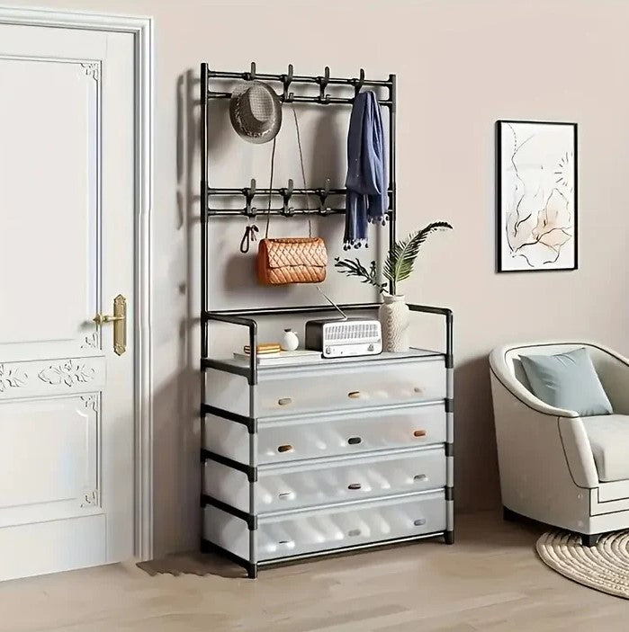 Cuier cu raft pantofi pe 4 niveluri si 8 carlige duble 77 x 35 x 167 cm Alb sau Negru