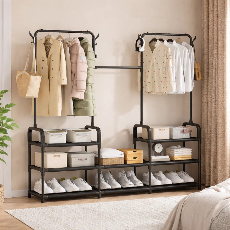 Suport haine metalic cu rafturi depozitare si carlige laterale Negru 140x26x137 cm