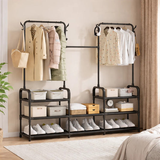 Suport haine metalic cu rafturi depozitare si carlige laterale Negru 140x26x137 cm