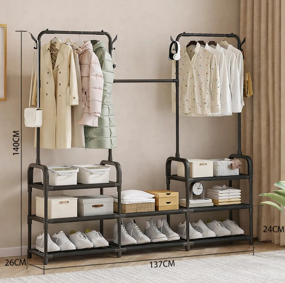 Suport haine metalic cu rafturi depozitare si carlige laterale Negru 140x26x137 cm