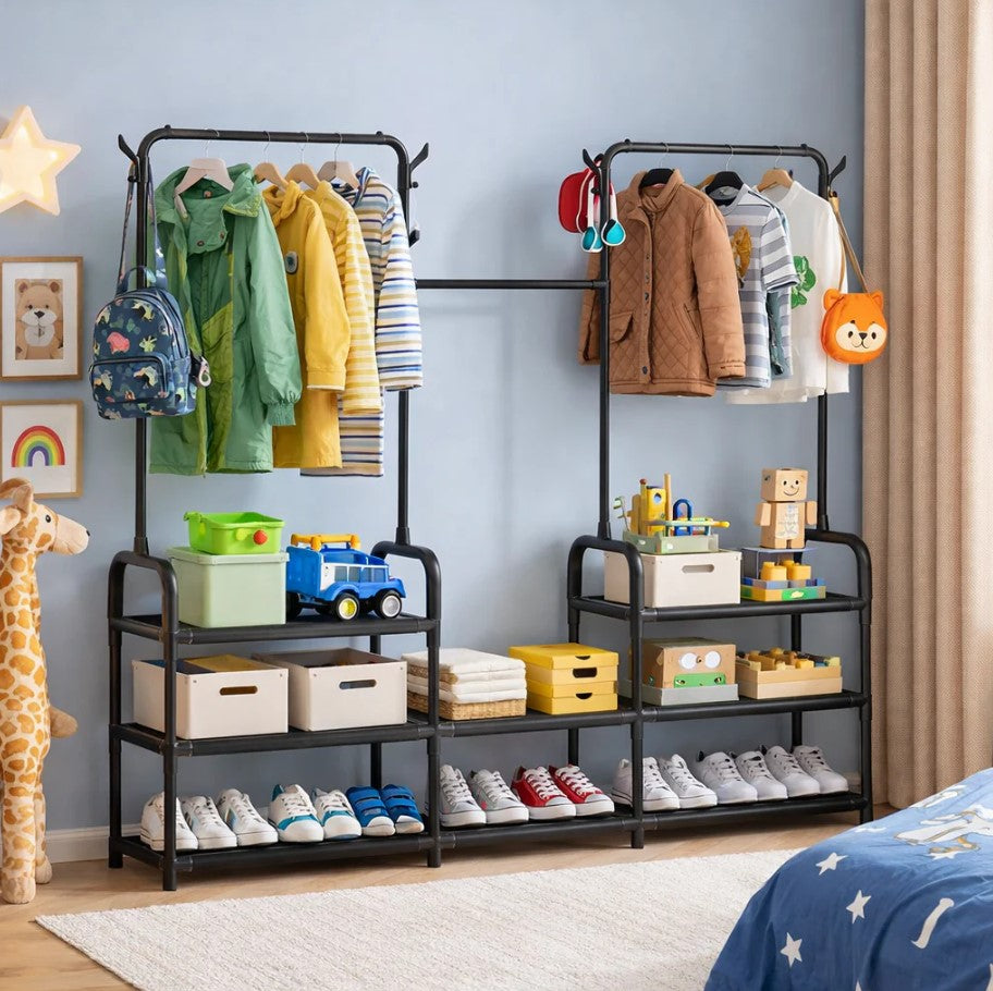 Suport haine metalic cu rafturi depozitare si carlige laterale Negru 140x26x137 cm