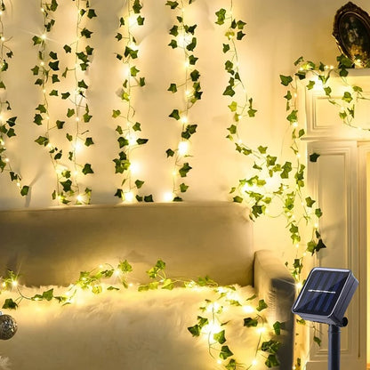 Ghirlanda solara decorativa 12 m 100 LED model frunze verzi. PANOU SOLAR