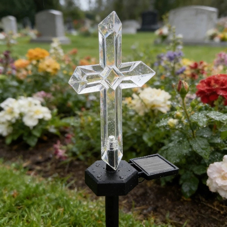 1 + 1 CADOU! Cruce Solară LED pentru Mormânt – Lampă Decorativă Cimitir, Rezistentă la Intemperii