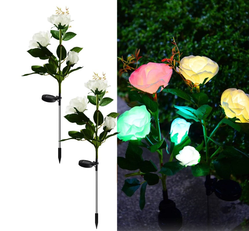 Set 2 x Lampi Solare Trandafir cu 3 Flori LED – Decor Elegant de Gradina, Tarus si Panou Solar