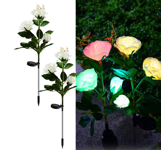 Set 2 x Lampi Solare Trandafir cu 3 Flori LED – Decor Elegant de Gradina, Tarus si Panou Solar