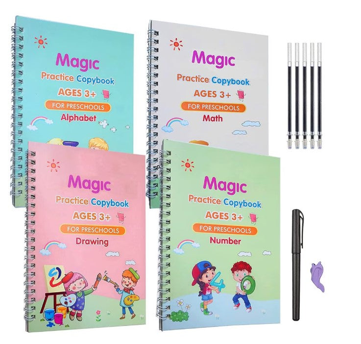 Set 4 x Caiete Magic Practice Copybook, 1 x Stilou Magic, 5 x Rezerve, 1 x Suport degete