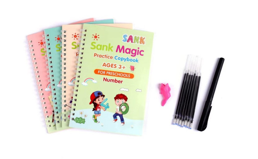 Set 4 x Caiete Magic Practice Copybook, 1 x Stilou Magic, 5 x Rezerve, 1 x Suport degete