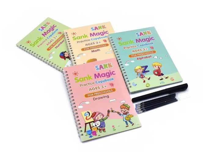 Set 4 x Caiete Magic Practice Copybook, 1 x Stilou Magic, 5 x Rezerve, 1 x Suport degete