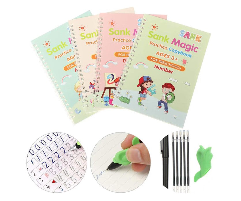 Set 4 x Caiete Magic Practice Copybook, 1 x Stilou Magic, 5 x Rezerve, 1 x Suport degete