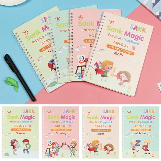 Set 4 x Caiete Magic Practice Copybook, 1 x Stilou Magic, 5 x Rezerve, 1 x Suport degete