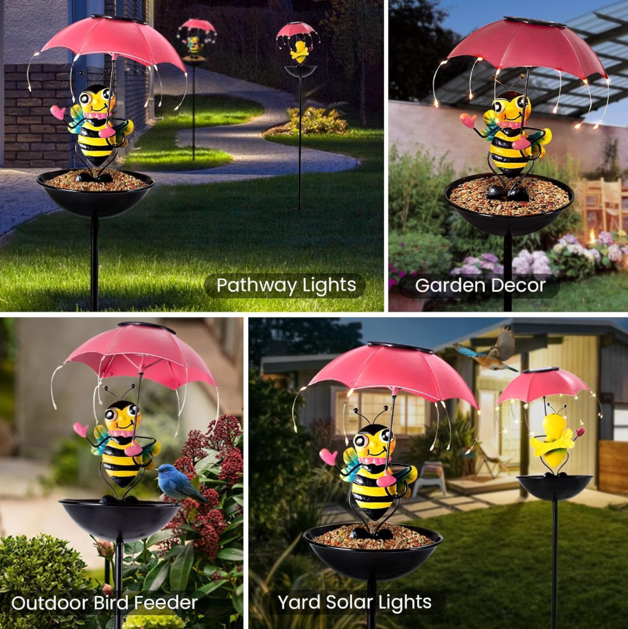 Lampa Solara Decorative cu Hrănitoare pentru Păsări, Model Albinuță sau Broscuță