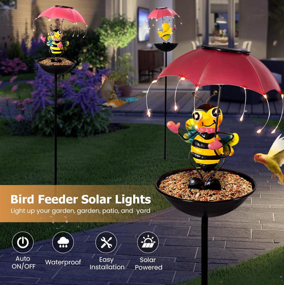 Lampa Solara Decorative cu Hrănitoare pentru Păsări, Model Albinuță sau Broscuță