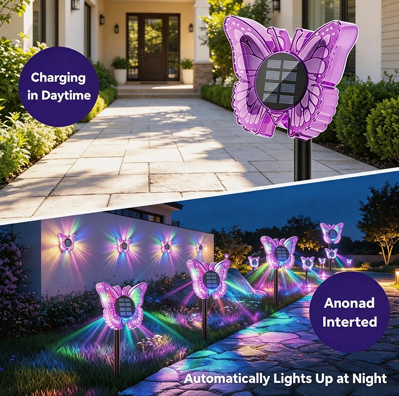 Lampa LED Fluture RGB, Montaj pe Perete sau în Sol, IP65, 5W, 37 cm, 4 Culori