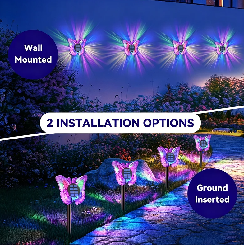 Lampa LED Fluture RGB, Montaj pe Perete sau în Sol, IP65, 5W, 37 cm, 4 Culori