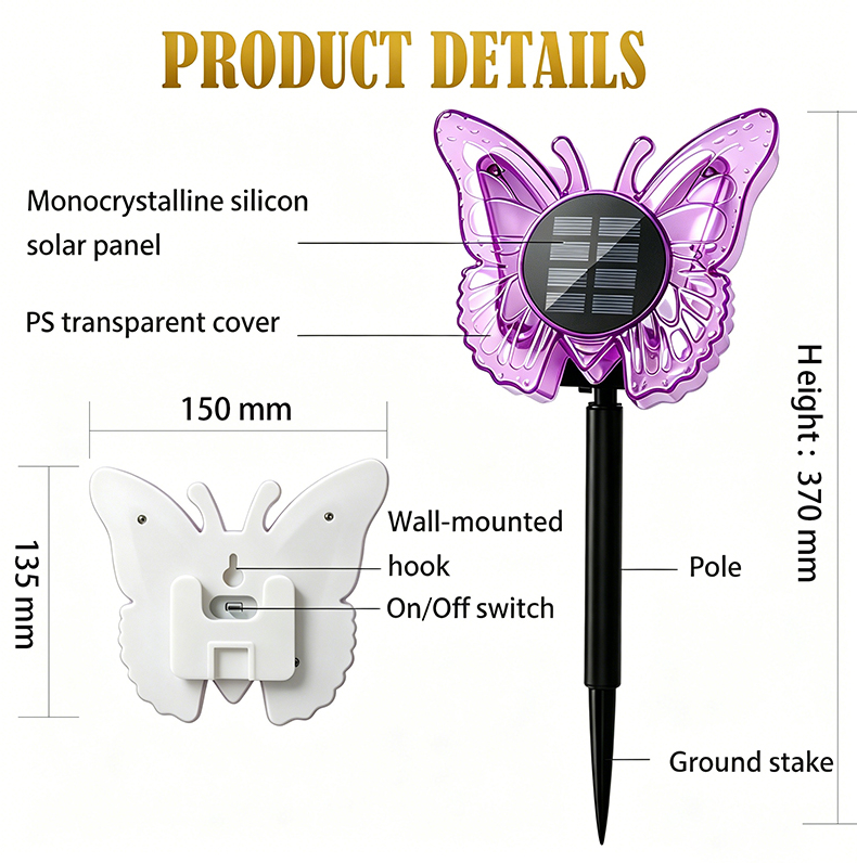 Lampa LED Fluture RGB, Montaj pe Perete sau în Sol, IP65, 5W, 37 cm, 4 Culori