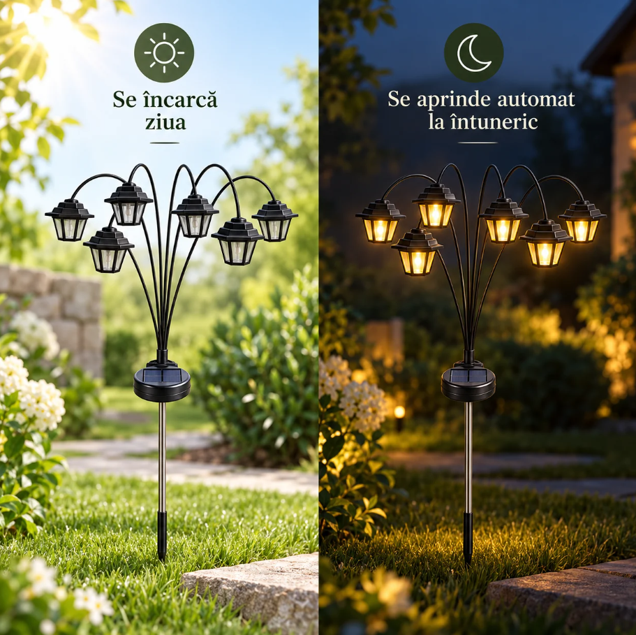 Set lămpi solare de grădină cu 6 felinare LED fiecare, lumină caldă și aprindere automată - 2 sau 4 Bucati