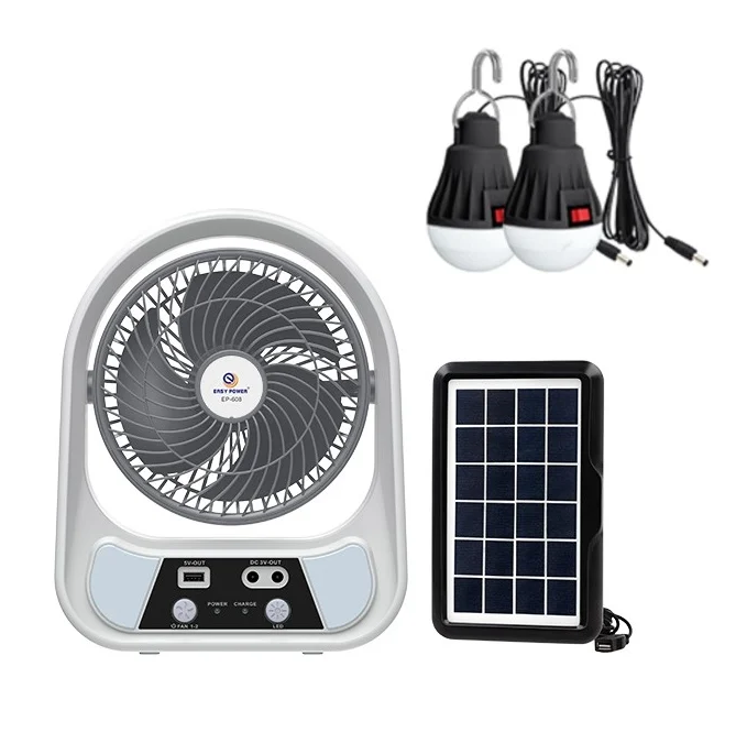 Ventilator Solar Portabil 3-în-1 cu 2 Becuri LED și Funcție Powerbank – Ideal pentru Camping și Situații de Urgență