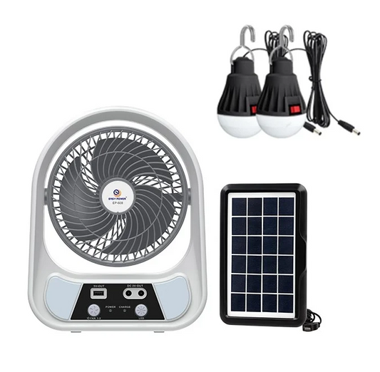 Ventilator Solar Portabil 3-în-1 cu 2 Becuri LED și Funcție Powerbank – Ideal pentru Camping și Situații de Urgență