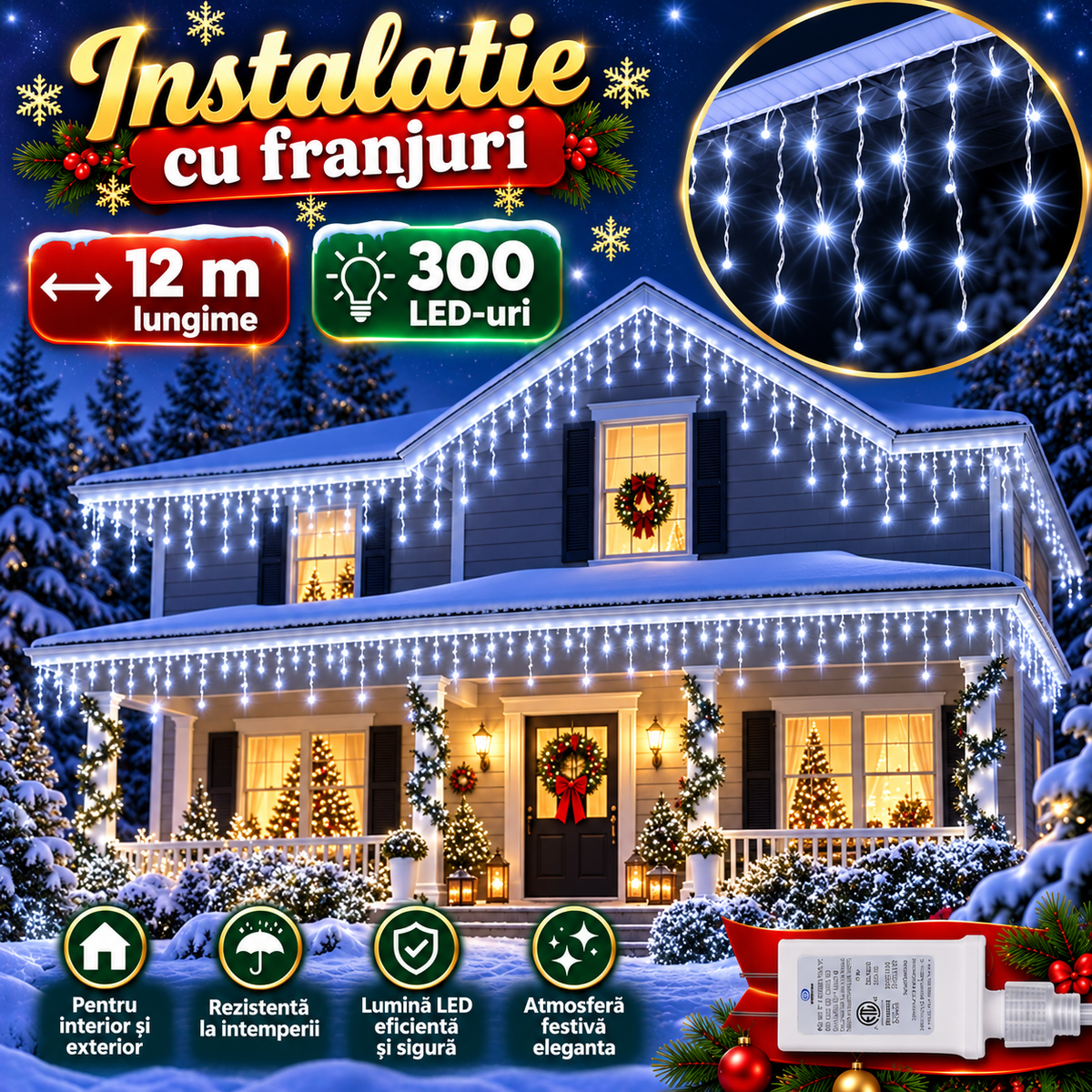 Instalatie franjuri 300 LED, 12 Metri lungime, Multicolor / Alb Cald / Alb Rece