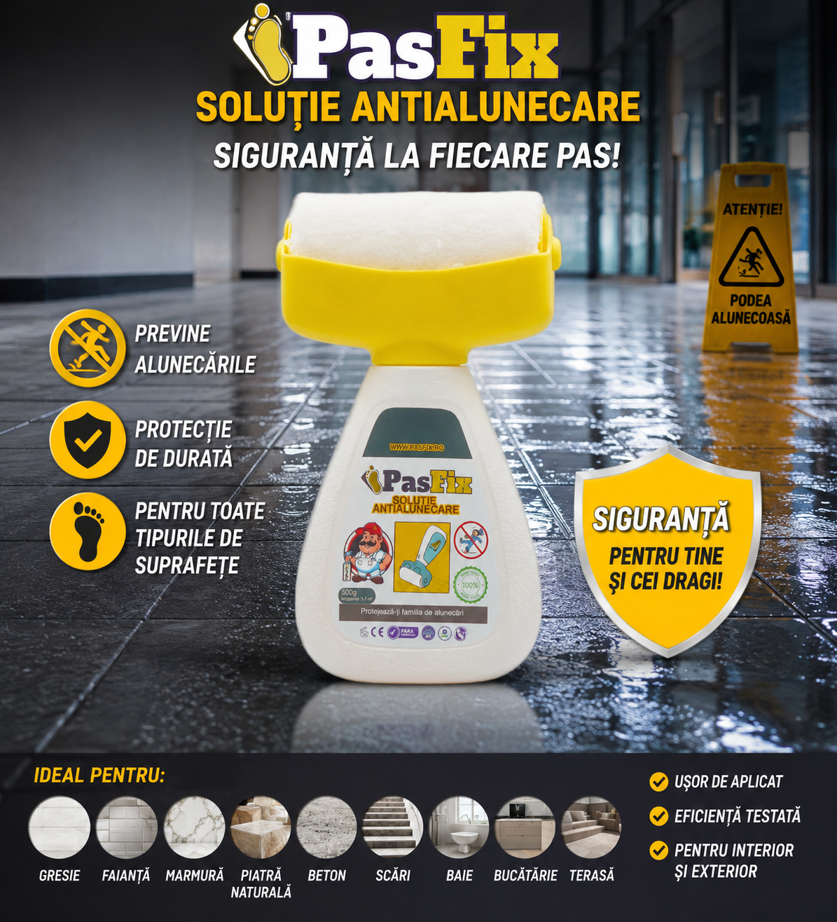 Soluție Antialunecare PasFix 300ml – Protecție sigură pentru gresie, piatră și marmură cu rolă aplicatoare