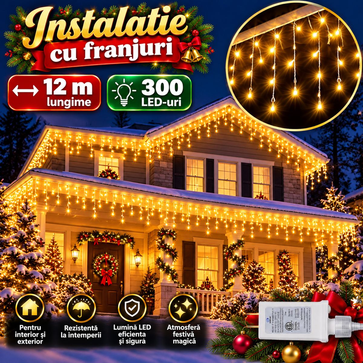 Instalatie franjuri 300 LED, 12 Metri lungime, Multicolor / Alb Cald / Alb Rece