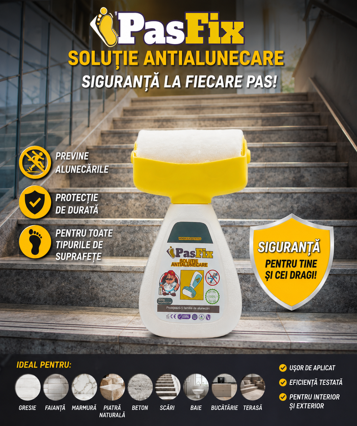 Soluție Antialunecare PasFix 300ml – Protecție sigură pentru gresie, piatră și marmură cu rolă aplicatoare