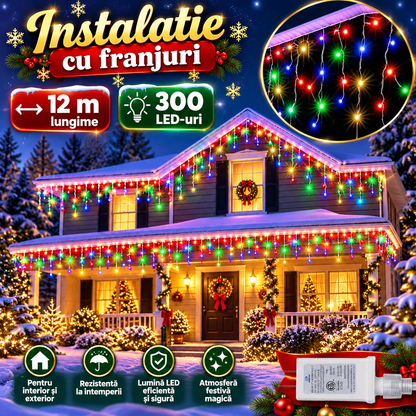 Instalatie franjuri 300 LED, 12 Metri lungime, Multicolor / Alb Cald / Alb Rece