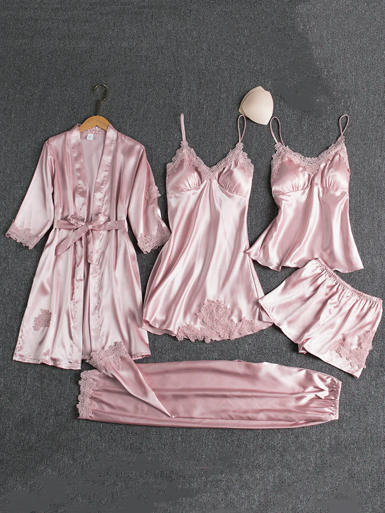 Set pijama dama din 5 piese , satin + dantela