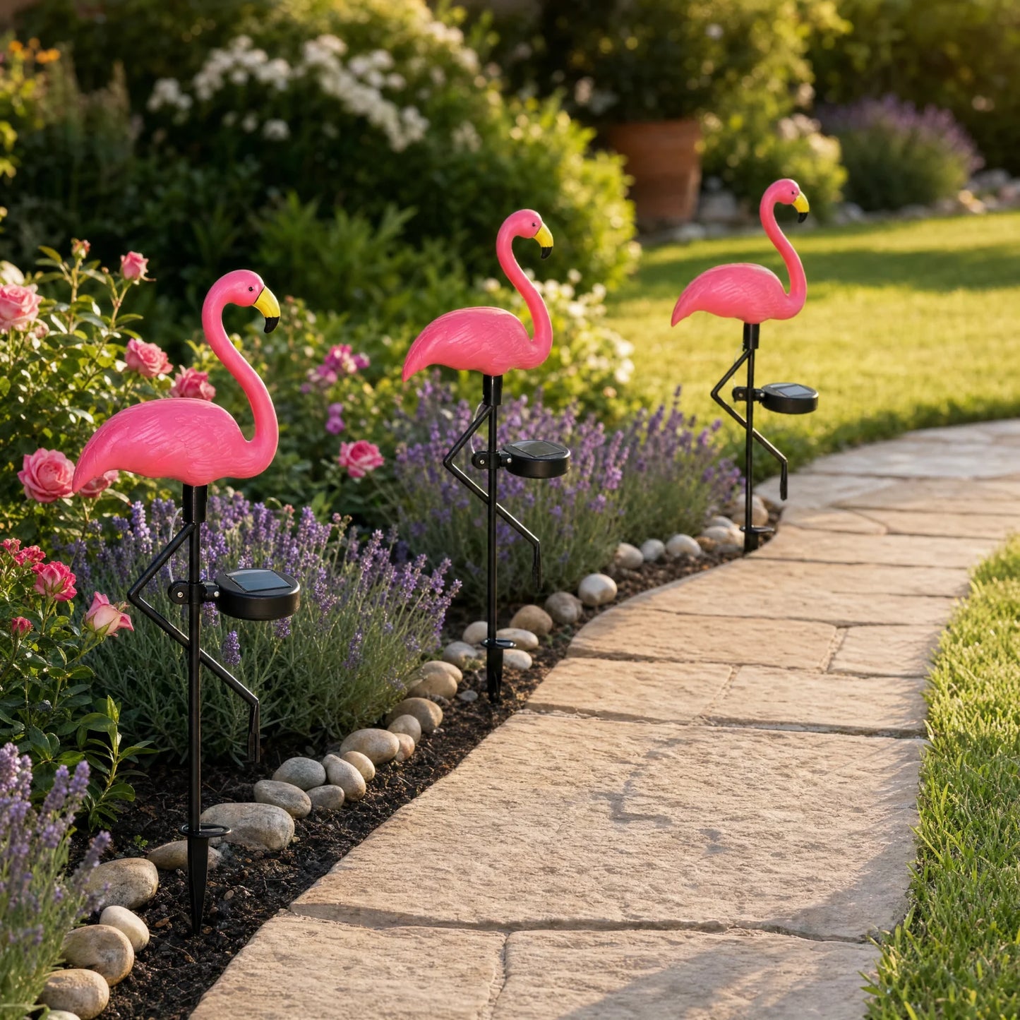 Set 3 x LAMPI SOLARE PENTRU GRADINA, FLAMINGO - MODEL NOU