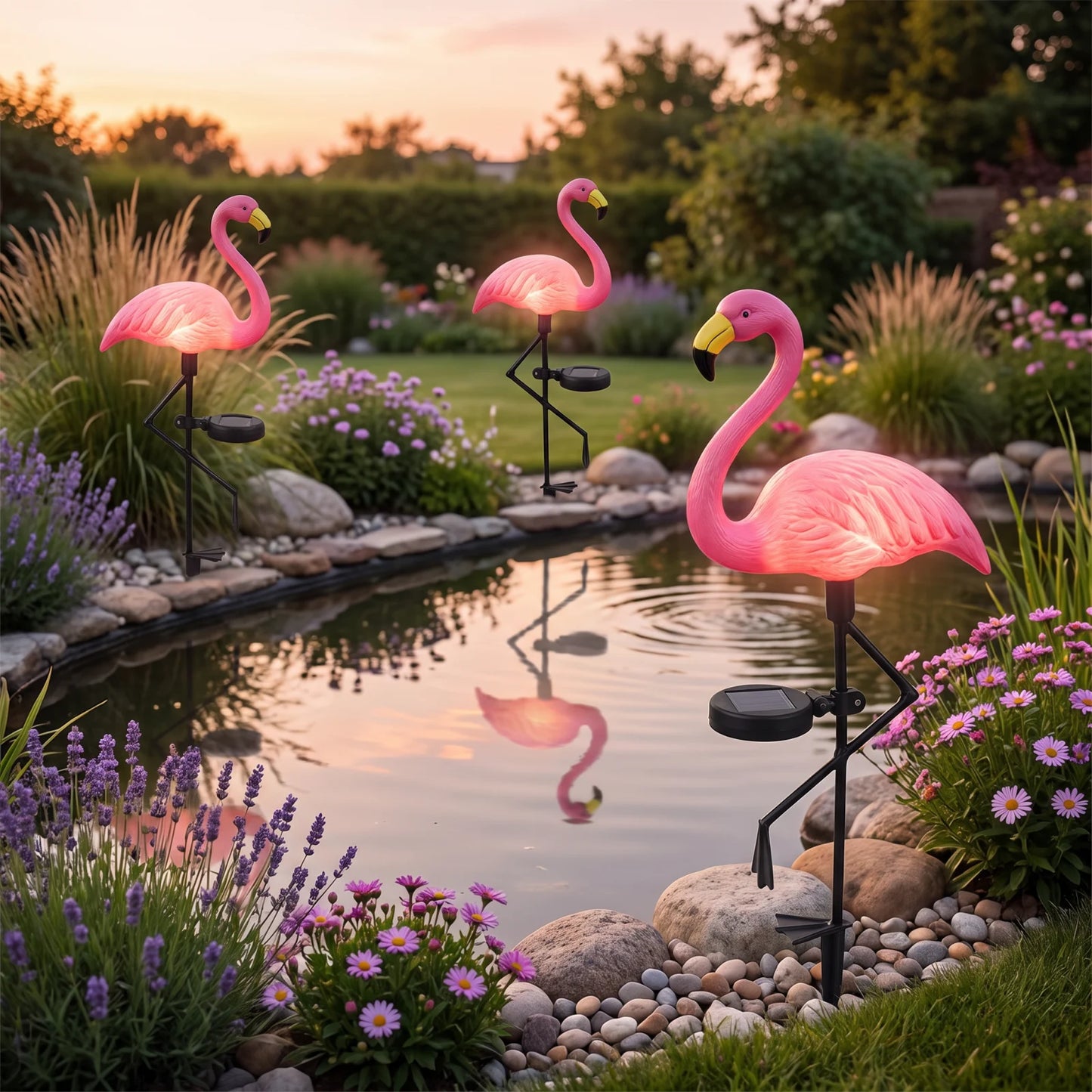Set 3 x LAMPI SOLARE PENTRU GRADINA, FLAMINGO - MODEL NOU
