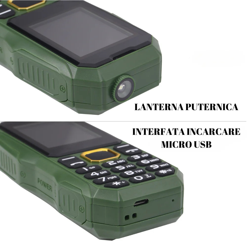 Telefon militar 3800 mAh, dual SIM, FM radio, lanterna