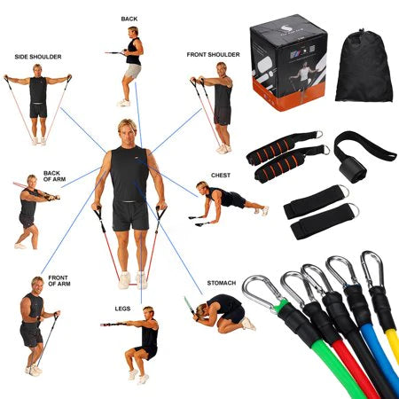 SET 11x Piese pentru antrenament cu benzi elastice rezistente, 45+ exercitii posibile